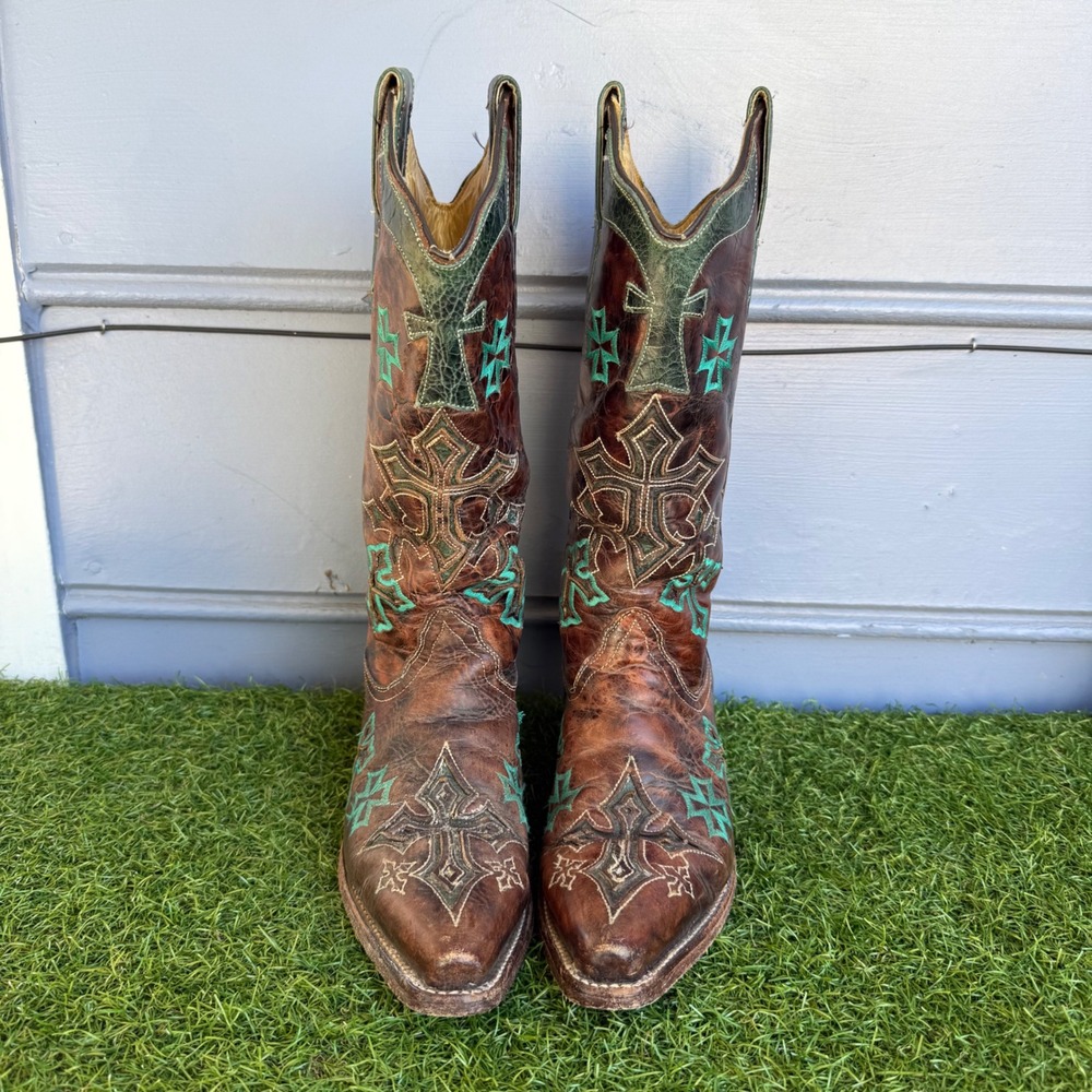Corral Brown Leather Turquoise Embroidered Cross Western Boots R1019 Womens 6 M